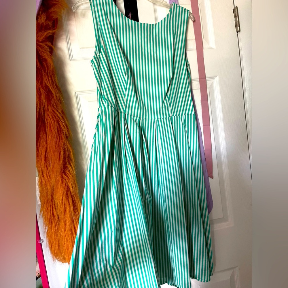 GREEN AND WHITE STRIPED SWING DRESS